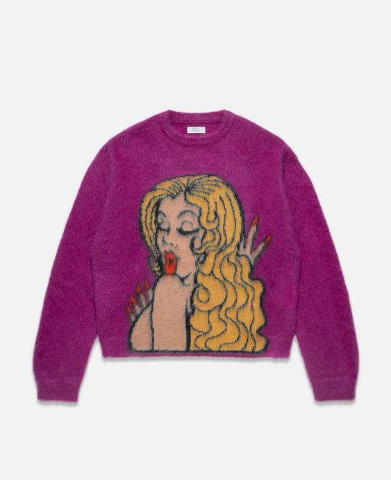 Unisex Kiss Mohair Intarsia Sweater (Purple)