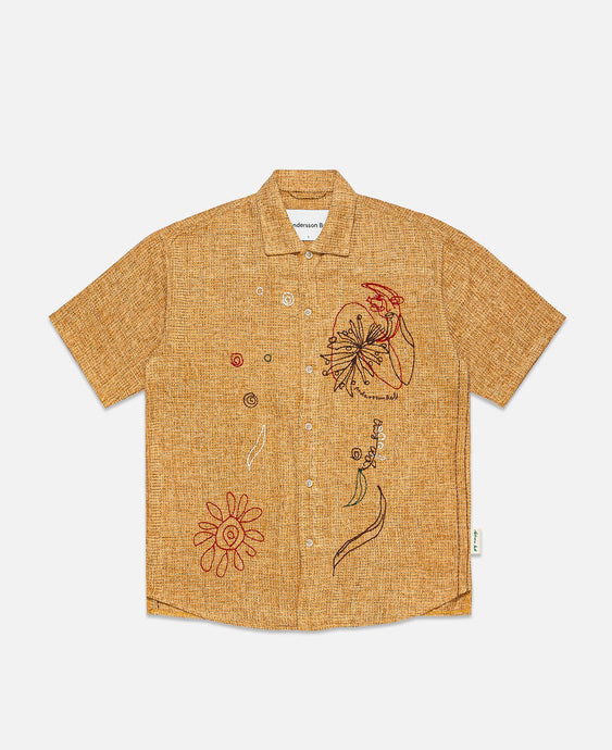 Aube Embroidery Open Collar Shirt (Brown)