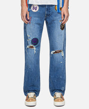 Assorted Patches Straight Jeans - 13oz C/L Denim / Distressed (Blue)