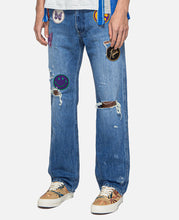 Assorted Patches Straight Jeans - 13oz C/L Denim / Distressed (Blue)